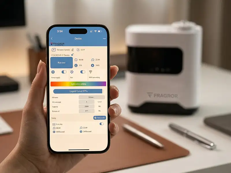 FRAGROR BLISS app controlling a Fragror diffuser