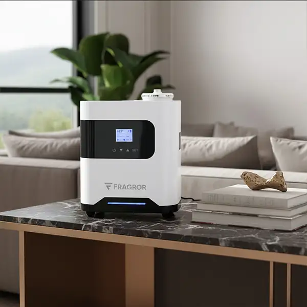 Fragror Apex smart fragrance diffuser in a hotel lobby setting