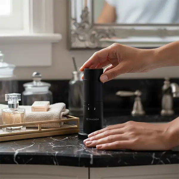 Fragror Studio smart oil scent diffuser tower in a living room